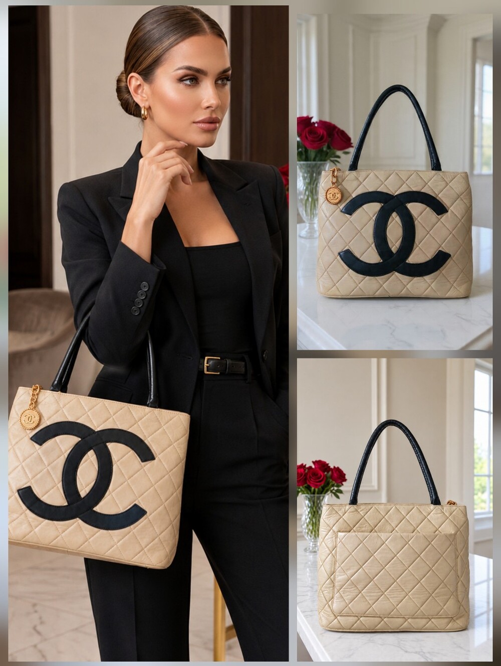 CHANEL RARE Vintage 90s Medallion Tote Bag Lambskin Cream/Black Bicolor